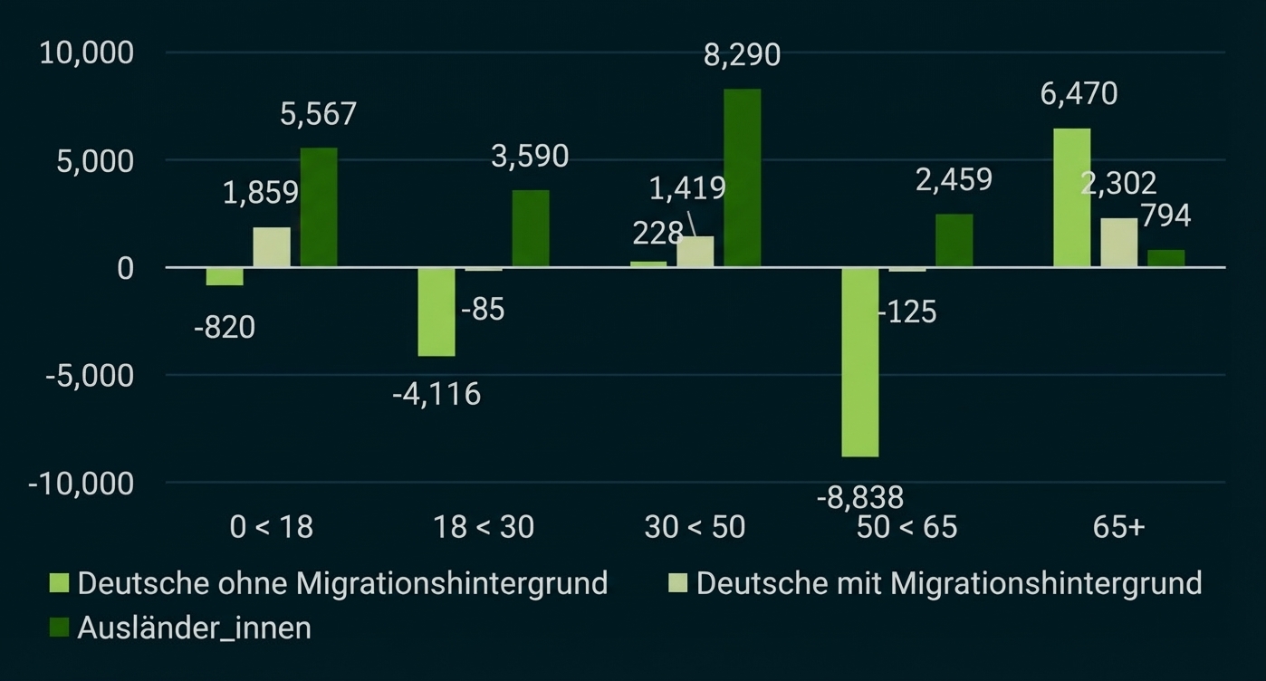 Balkendiagramm: Nettoveränderungen nach Altersgruppen (0–18,18–30,30–50,50–65,65+) und Migrationsstatus (Deutsche ohne/mit, Ausländer_innen).